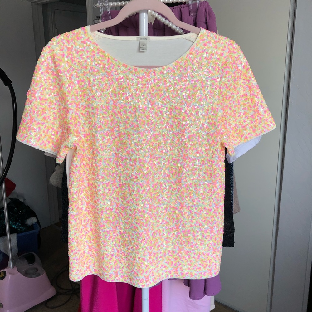 J. Crew Pink/Yellow Sequin Short Sleeve Top